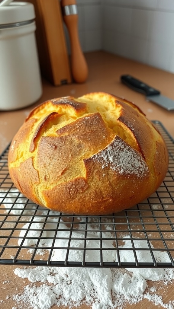 A crusty homemade loaf of bread cooling on a wire rack in a rustic kitchen.